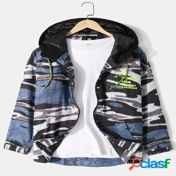 Jaquetas casuais com capuz e bolso em veludo camuflado