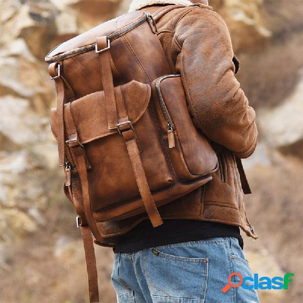 Mochila masculina de couro PU vintage sólido com vários