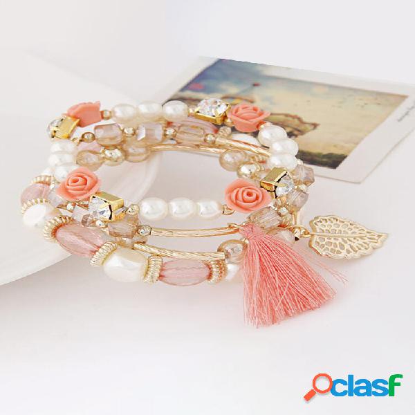 Pulseira multicamada de contas de flores vintage pulseira de