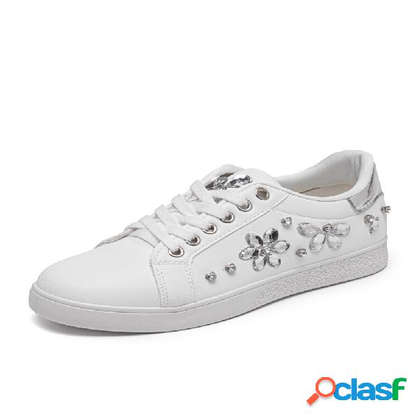 Sapatos femininos casuais de strass com cordões redondos