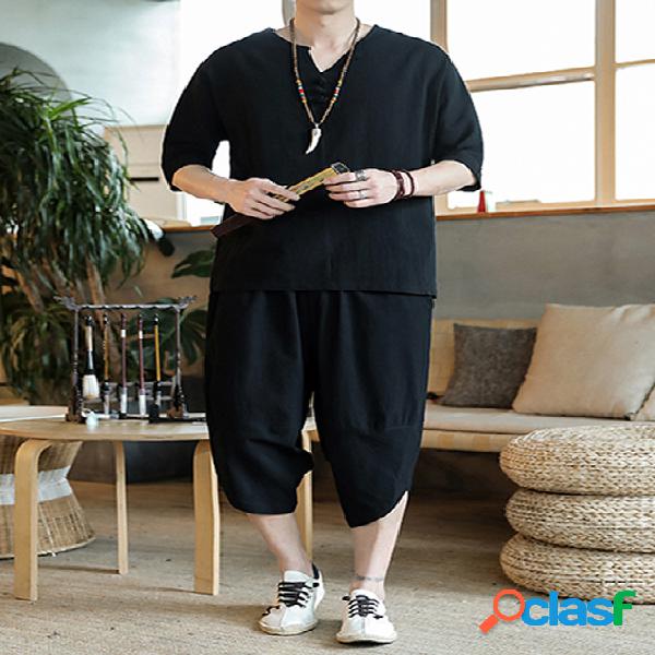 Terno masculino verão casual com decote em v liso com
