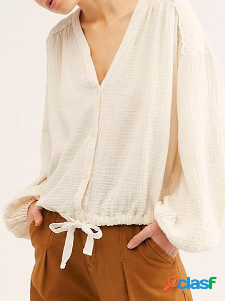 YOINS Botão Bege Design Blusa de mangas compridas com