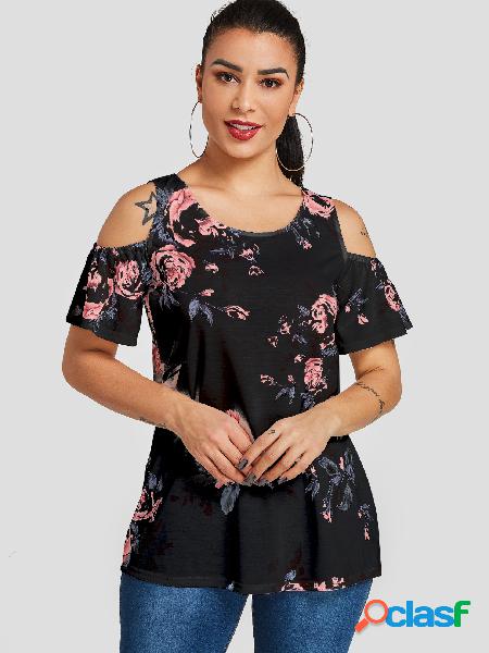 YOINS Camiseta de mangas curtas com estampa floral preta
