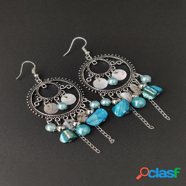 Bohemian Turquesa Tassel Brincos Metal Hollow Irregular Bead