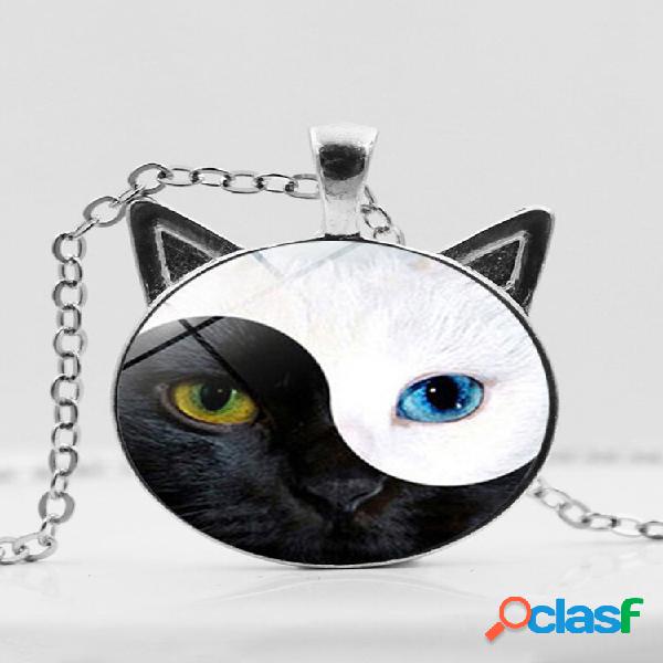 Colar feminino com rosto de gato vintage Yin Yang impresso