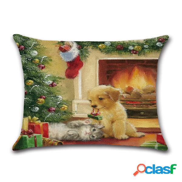 Almofada de linho cachorrinho de Natal retrô Caso Capa de