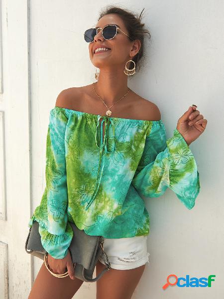 Blusa de manga comprida verde tie-dye sem ombro