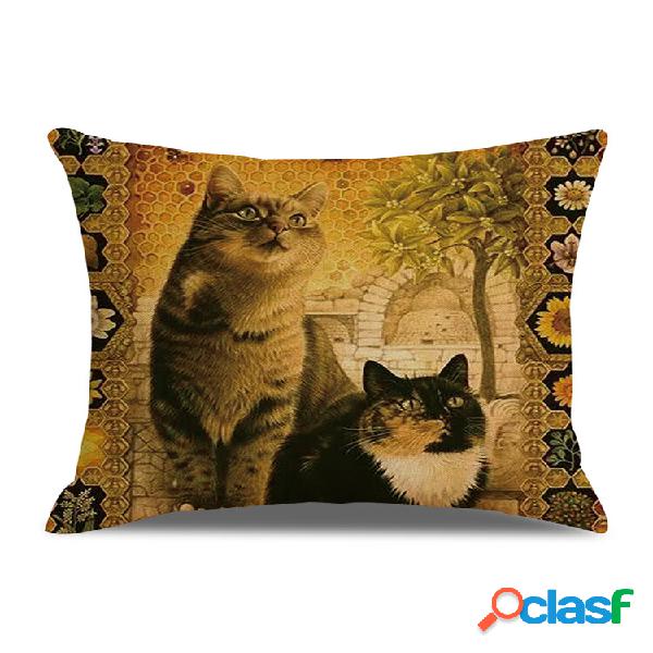 Capa de almofada estilo retro gatos linho algodão capa de