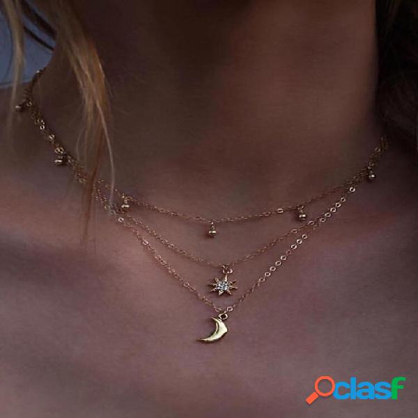 Colar Bohemian Moon Multicamadas Pingente Colar Sol Strass