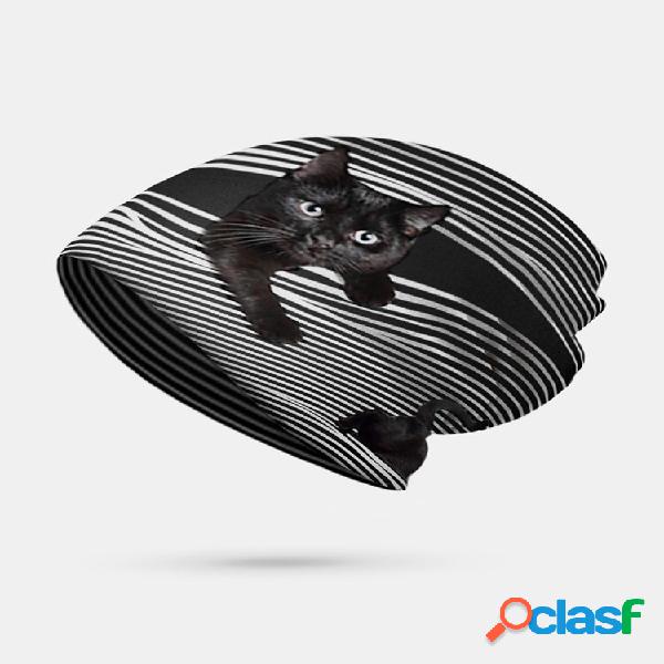 Feminino Plus Velvet Cat Print Stripe Padrão Soft Gorro de