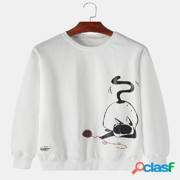 Homens Cartoon Cat Imprimir logotipo casual tripulação