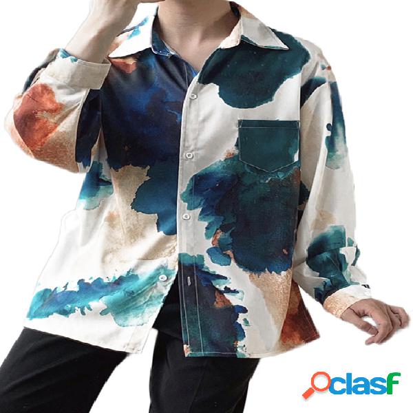 INCERUN Homens Tie Dye Impresso Manga Longa com Botão Top