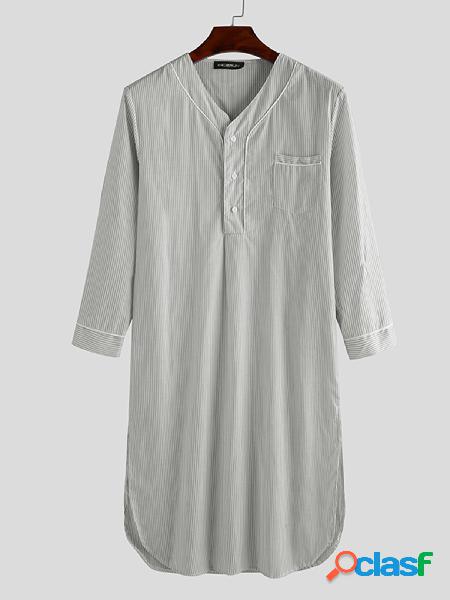 INCERUN Men Striped Print V-neck Long Sleeve Midi Shirt