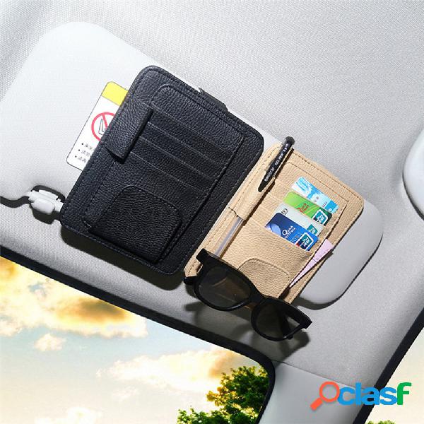 Visor de sol para carro de couro PU Óculos porta-caneta