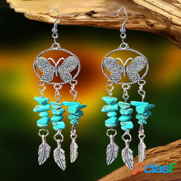 Alloy Stone Bohemian Ethnic Silver Feather Exagerada Brincos