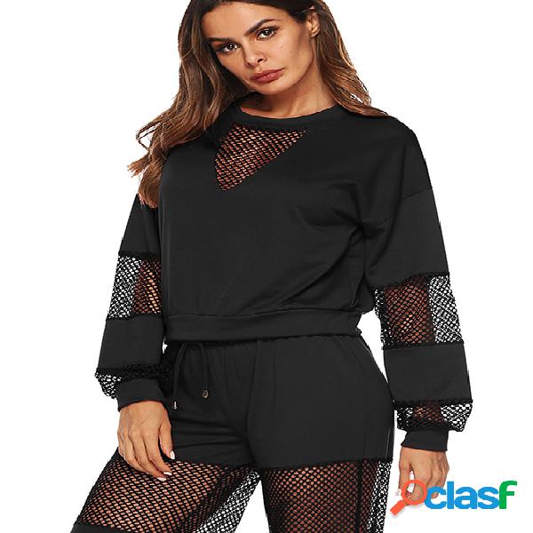 Black Mesh Hollow Design Trajes de duas peças com cordão