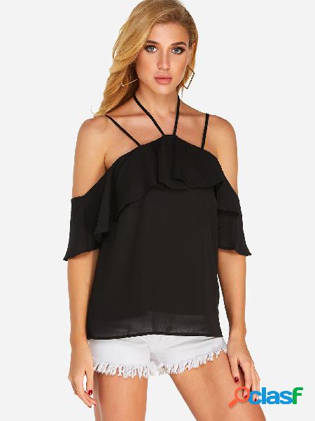 Black Tiered Design Halter Design Blusa de mangas curtas