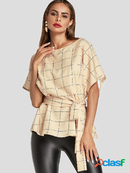 Blusa Bege Tie-up Design Grid Gola Redonda