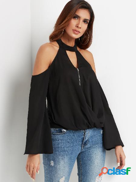 Blusa Black Cut Out Cold Shoulder Bell Sleeves