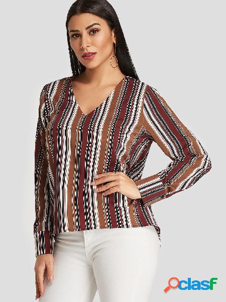 Blusa Color Block Stripe com decote em V de mangas compridas