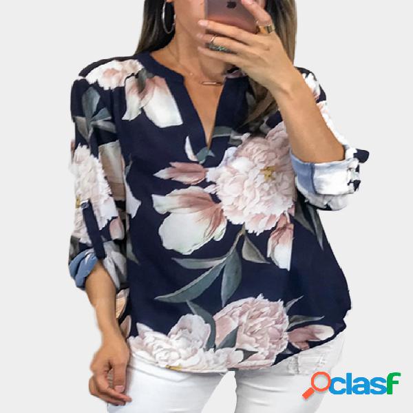 Blusa casual marinha com estampa floral aleatória com