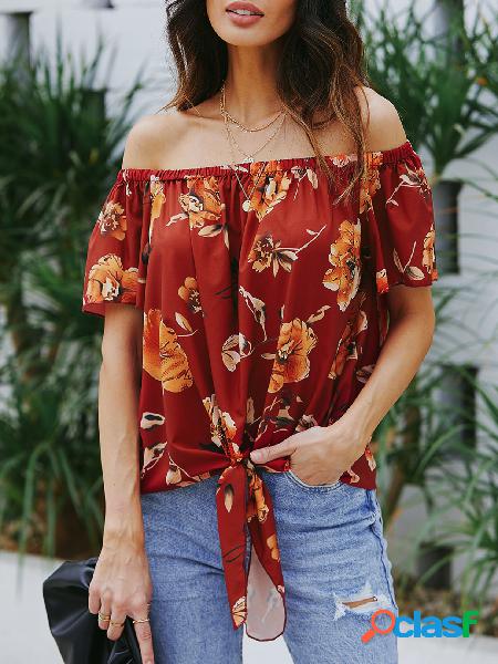 Blusa de alça elástica vermelha com estampa floral fora do