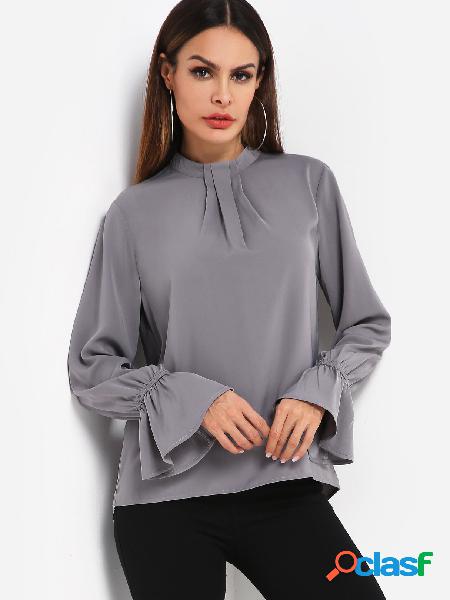 Blusa de bainha curva cinza Caixa plissada mangas sino