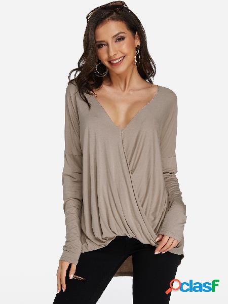 Blusa de sobrepeliz caqui cruzada ombro mangas compridas