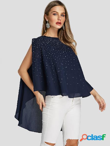 Blusa de sobreposição de manga divisória de strass