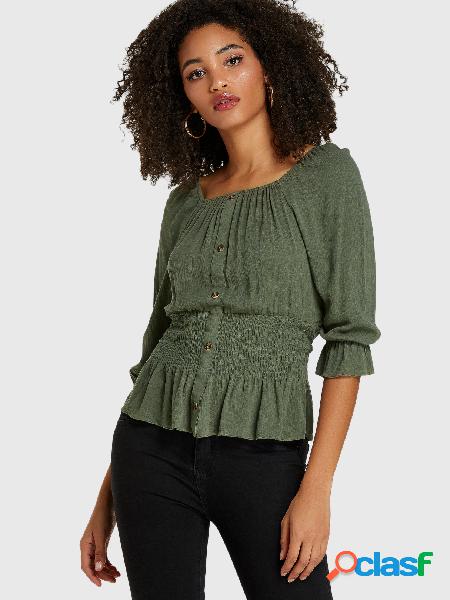 Blusa verde quadrada decote na cintura com botão frontal