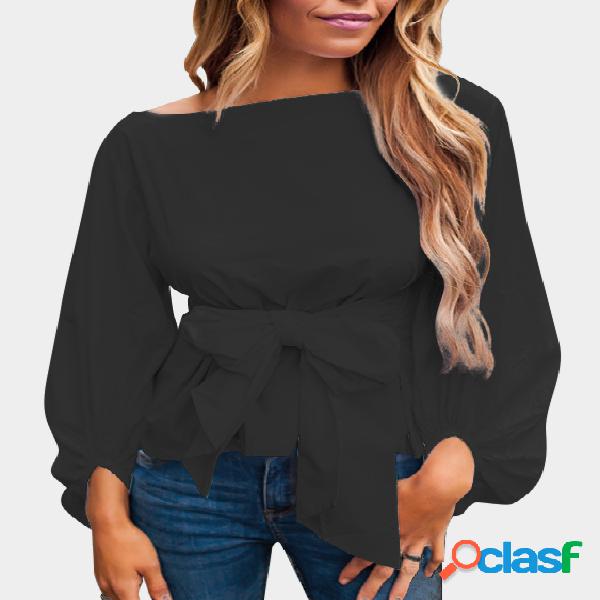 Blusas Bowknot Preto Design Decote Redondo Mangas Compridas