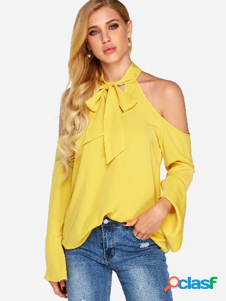 Blusas de manga comprida com halter liso amarelo recortado