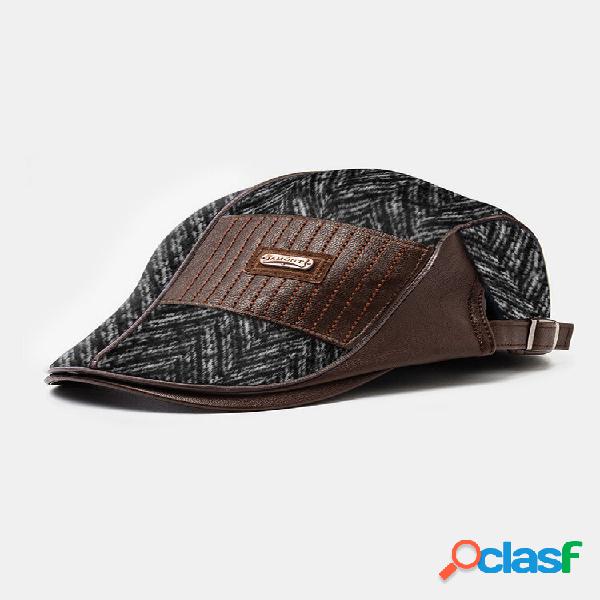 Boina masculina de couro retalho de lã da moda boné plano