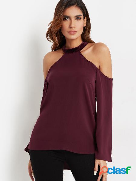 Borgonha Cut Out Plain Cold Shoulder Design Blusa de manga