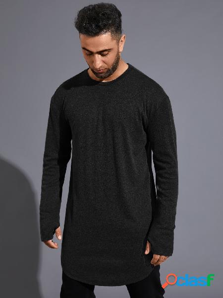 Camiseta masculina casual lisa curva com bainha longa manga