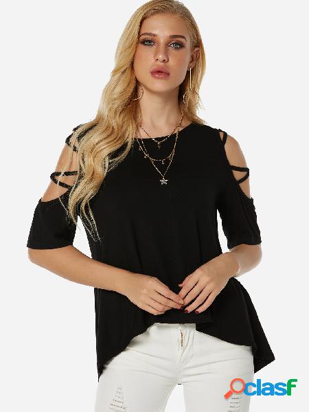 Camiseta preta Cold Shoulder Criss-cross Design mangas