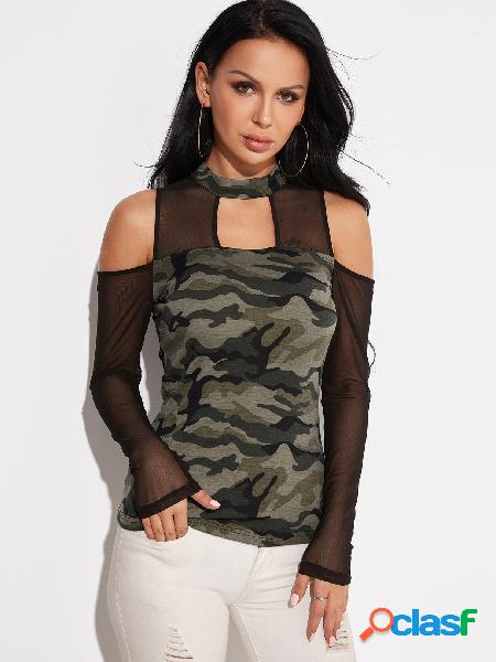 Camisetas de mangas compridas camuflagem pescoço ombro frio