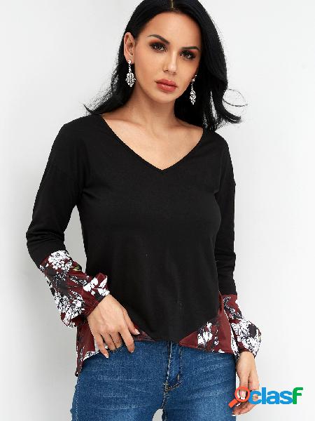 Camisetas de mangas compridas com estampa floral em bloco de
