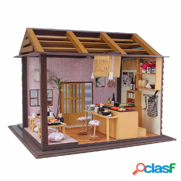 Casa miniatura Hoomeda Sushi Bar DIY Madeira Boneca com LED