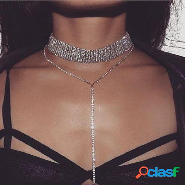 Colar de strass prata multicamadas
