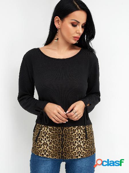 Color Block Leopardo decote mangas compridas amarradas em