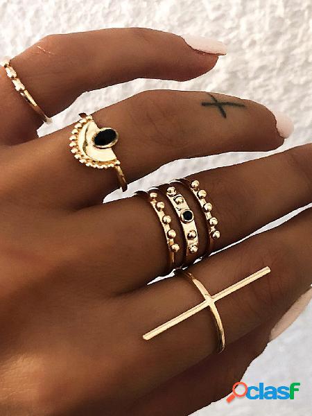 Conjunto de anel aro de ouro anêmona milenar de seis peças