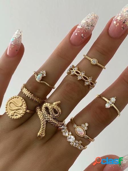 Conjunto de anel de 9 peças com strass flor anel