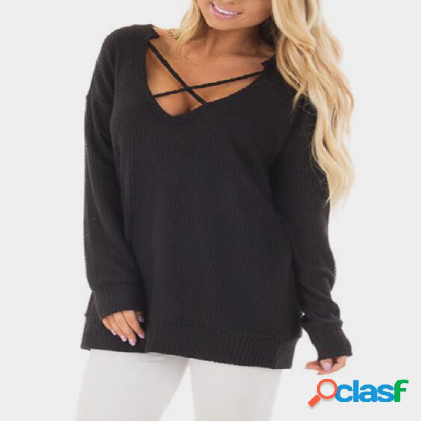 Crossed Front Design T-shirt de mangas compridas com decote