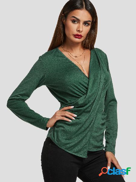 Green Crossed Front Design Top de mangas compridas
