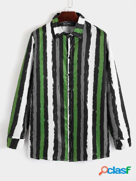 Homem Casual Algodão Soft Listrado Manga Longa Multicolor
