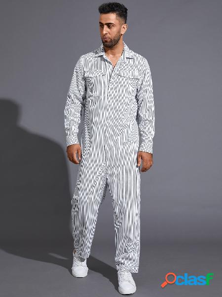Macacão casual masculino com estampa listrada de manga
