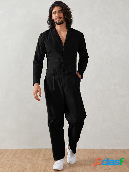 Macacão masculino casual com decote em V e bolso frontal