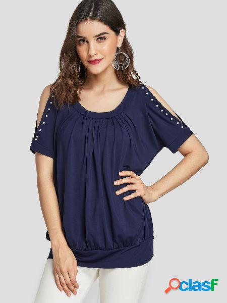 Marinha Cold Shoulder Plissado Design Camiseta Frisada