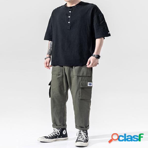 Masculino verão casual algodão Soft simples botão frontal